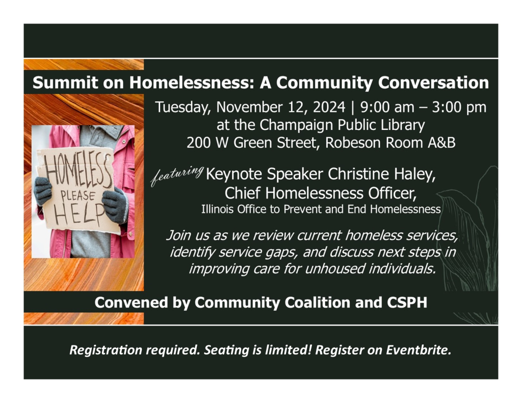 Flyer for the Summit on Homelessness on November 12th from 9AM to 3PM at the Champaign Public Library. 